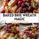 Golden sourdough pull-apart Brie Cranberry Wreath topped with cranberries and herbs on a holiday table